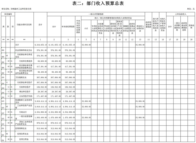 防城港市工业和信息化局2020年部门预算报表2